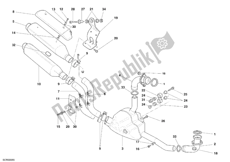 Toutes les pièces pour le Système D'échappement du Ducati Monster S2R 800 Dark USA 2006